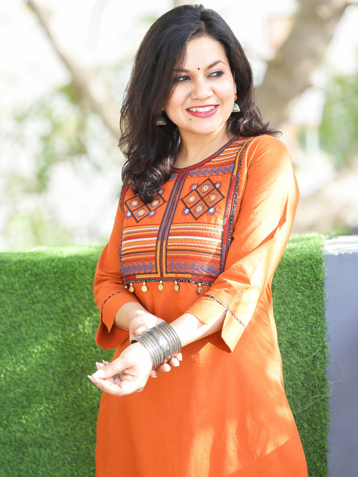 Akhiyaan Tangerine Orange Thread Embroidered Neck Work Cotton 2 Piece Set