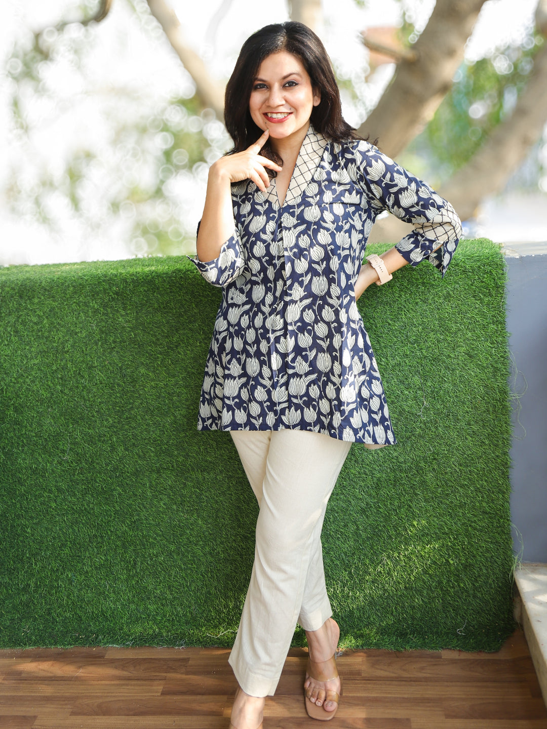 Bani Navy Blue Sailor Collar Neck Floral Printed Work Short Cotton Kurti