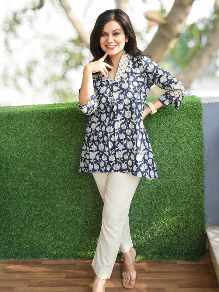 Bani Navy Blue Sailor Collar Neck Floral Printed Work Short Cotton Kurti