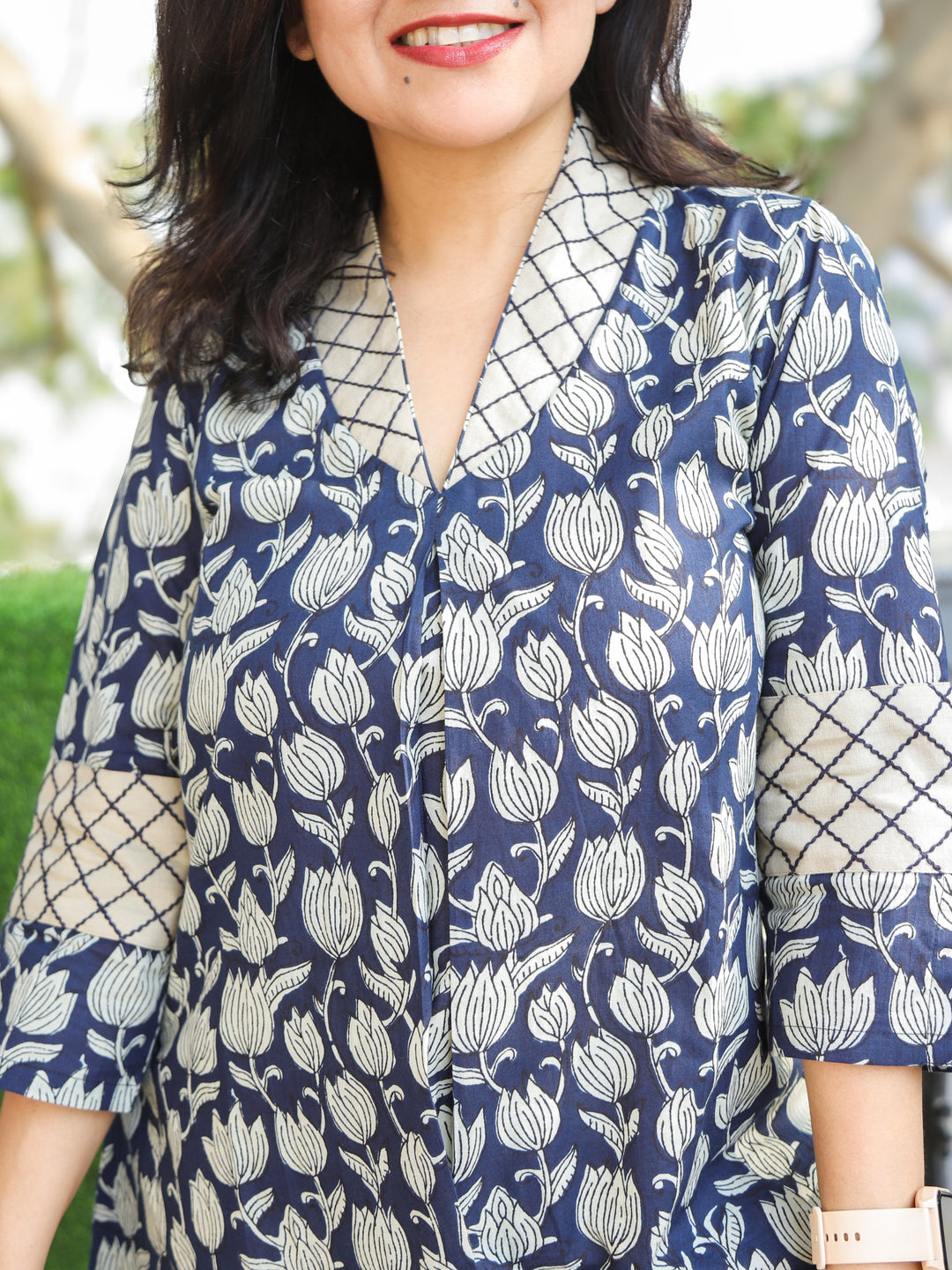 Bani Navy Blue Sailor Collar Neck Floral Printed Work Short Cotton Kurti