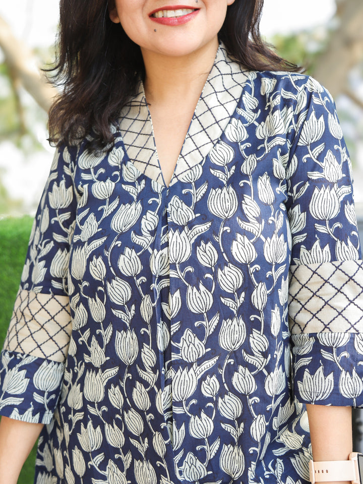 Bani Navy Blue Sailor Collar Neck Floral Printed Work Short Cotton Kurti