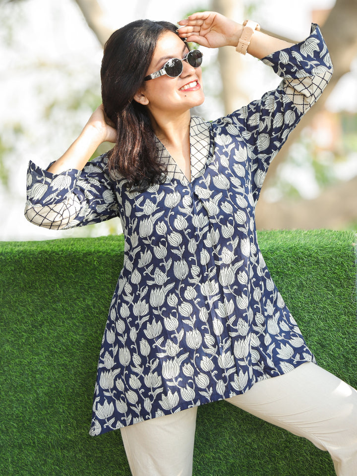 Bani Navy Blue Sailor Collar Neck Floral Printed Work Short Cotton Kurti