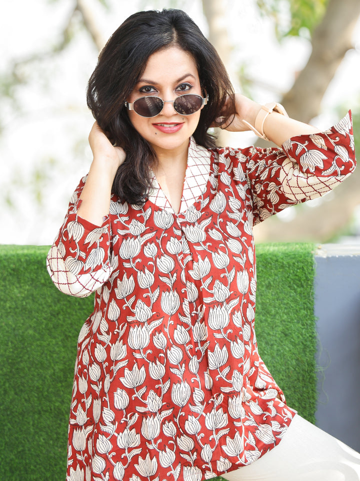 Bani Berry Red Sailor Collar Neck Floral Printed Work Short Cotton Kurti