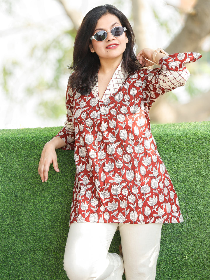 Bani Berry Red Sailor Collar Neck Floral Printed Work Short Cotton Kurti