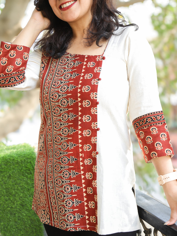 Maya Shell White with Ajrak Printed Work Short Cotton Kurti