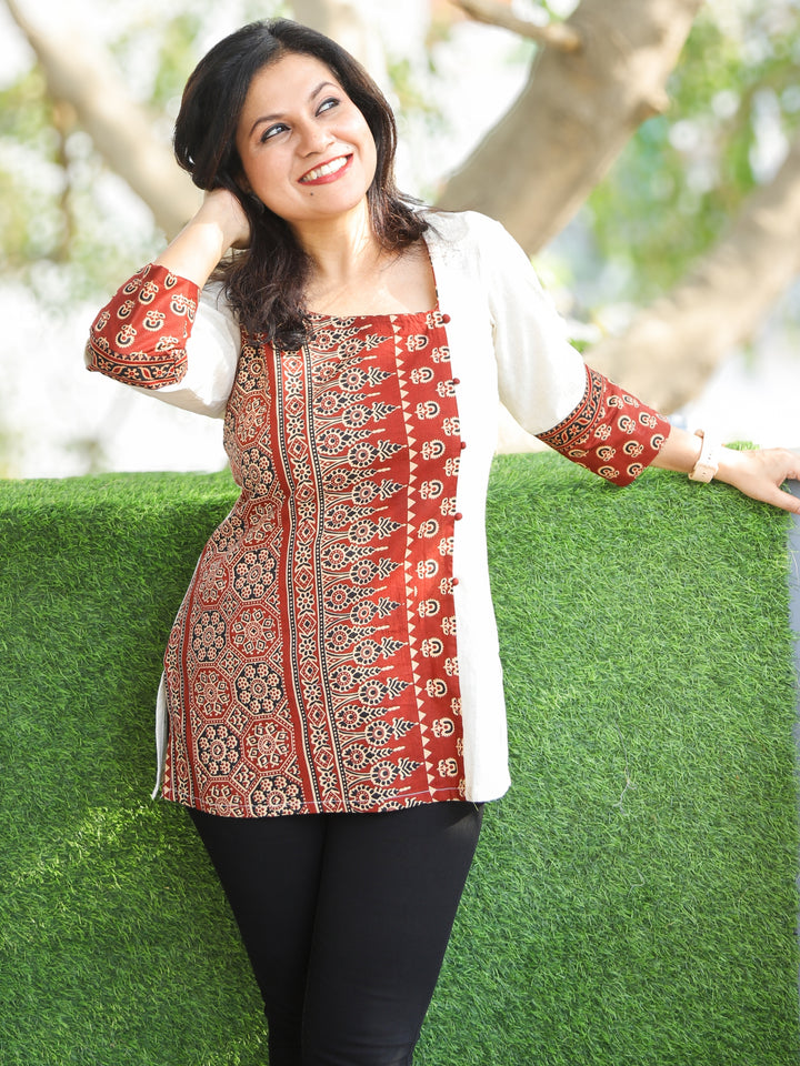 Maya Shell White with Ajrak Printed Work Short Cotton Kurti