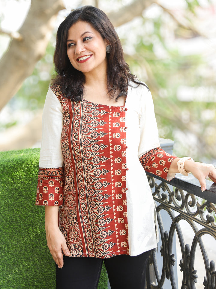 Maya Shell White with Ajrak Printed Work Short Cotton Kurti