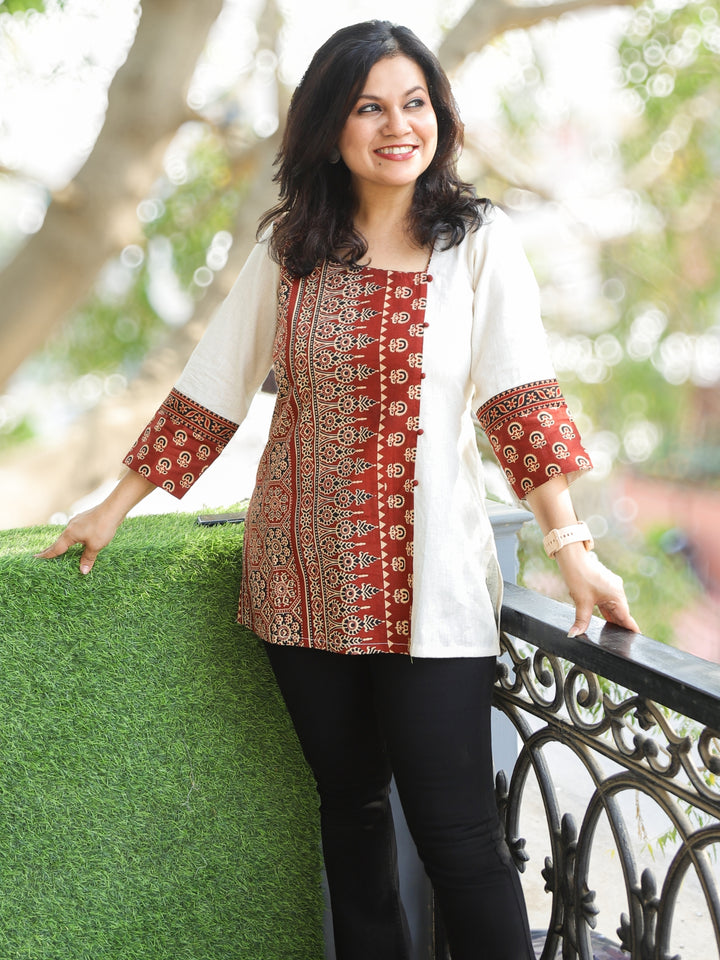 Maya Shell White with Ajrak Printed Work Short Cotton Kurti