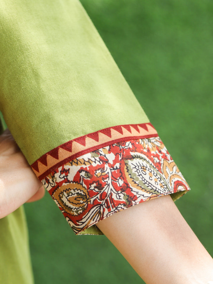 Shaniya Leaf Green Mirror Neck with Kalamkari Print Details Cotton Kurti