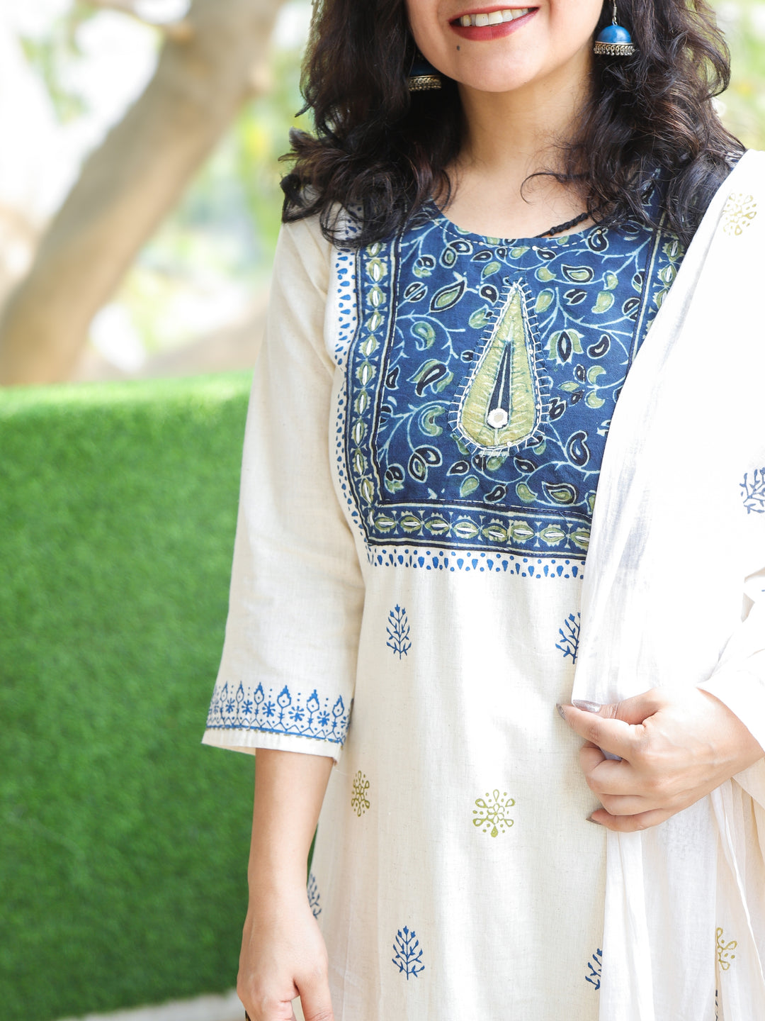 Chanda Shell White with Blue Kutch Work Patch Block Print Cotton 3 Piece Set