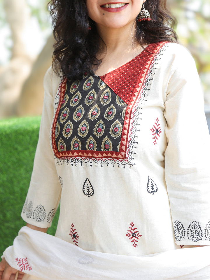 Chanda Shell White with Red Kutch Work Angrakha Patch Block Print Cotton 3 Piece Set