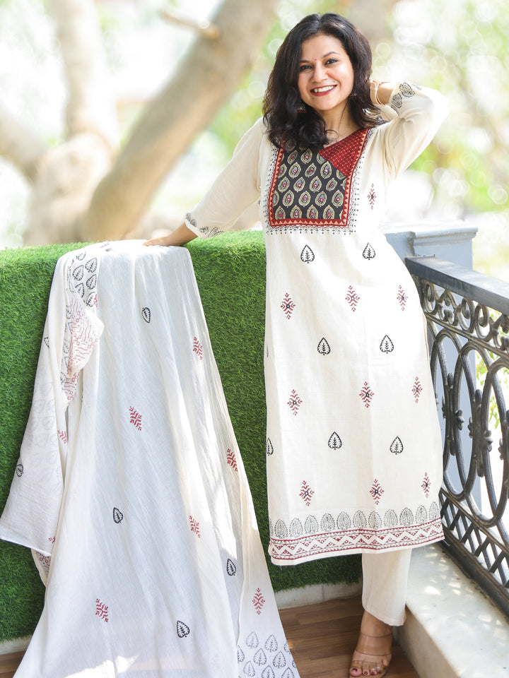 Chanda Shell White with Red Kutch Work Angrakha Patch Block Print Cotton 3 Piece Set