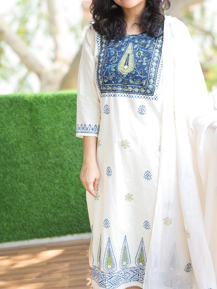 Chanda Shell White with Blue Kutch Work Patch Block Print Cotton 3 Piece Set