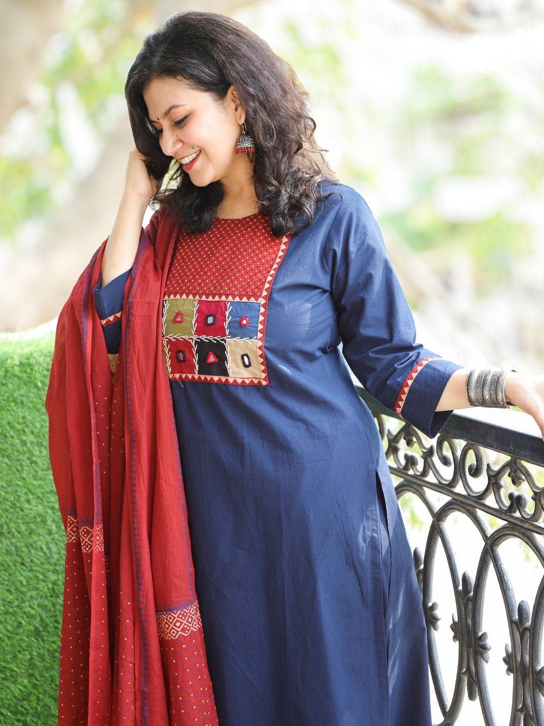 Chanda Denim Blue Kutch Fusion Neck Patch Work Cotton 3 Piece Set