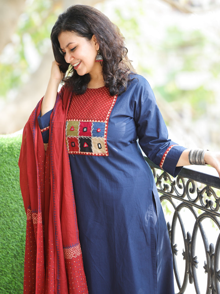 Chanda Denim Blue Kutch Fusion Neck Patch Work Cotton 3 Piece Set