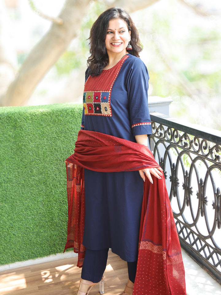Chanda Denim Blue Kutch Fusion Neck Patch Work Cotton 3 Piece Set