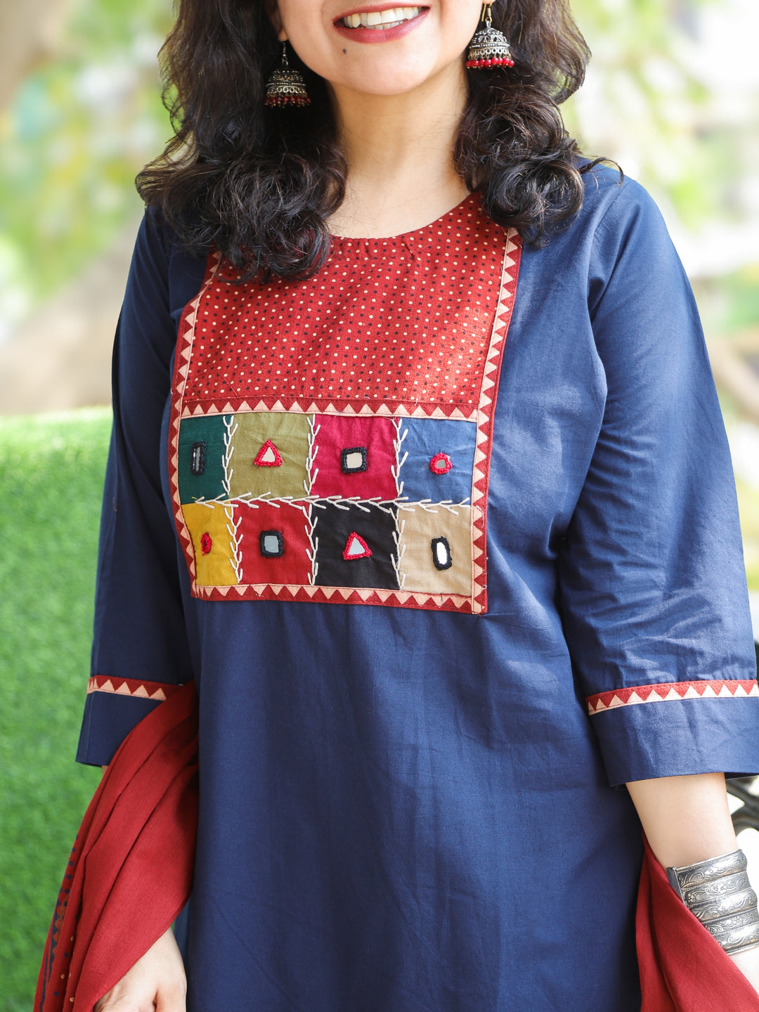Chanda Denim Blue Kutch Fusion Neck Patch Work Cotton 3 Piece Set