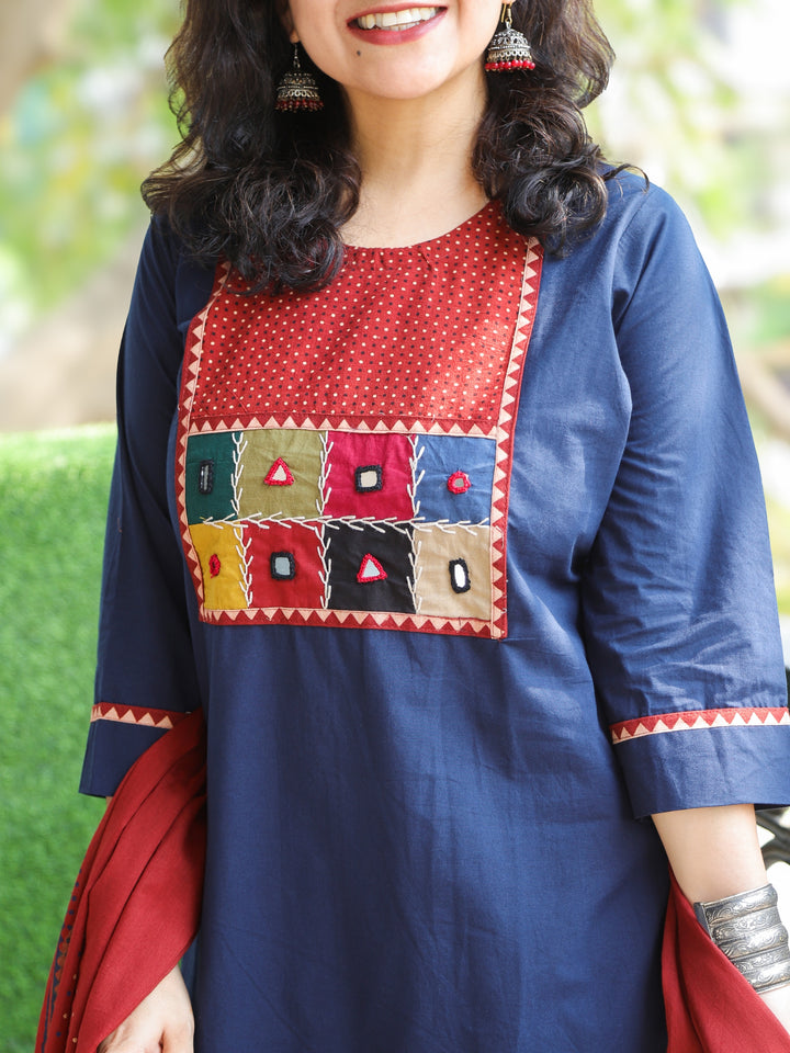 Chanda Denim Blue Kutch Fusion Neck Patch Work Cotton 3 Piece Set
