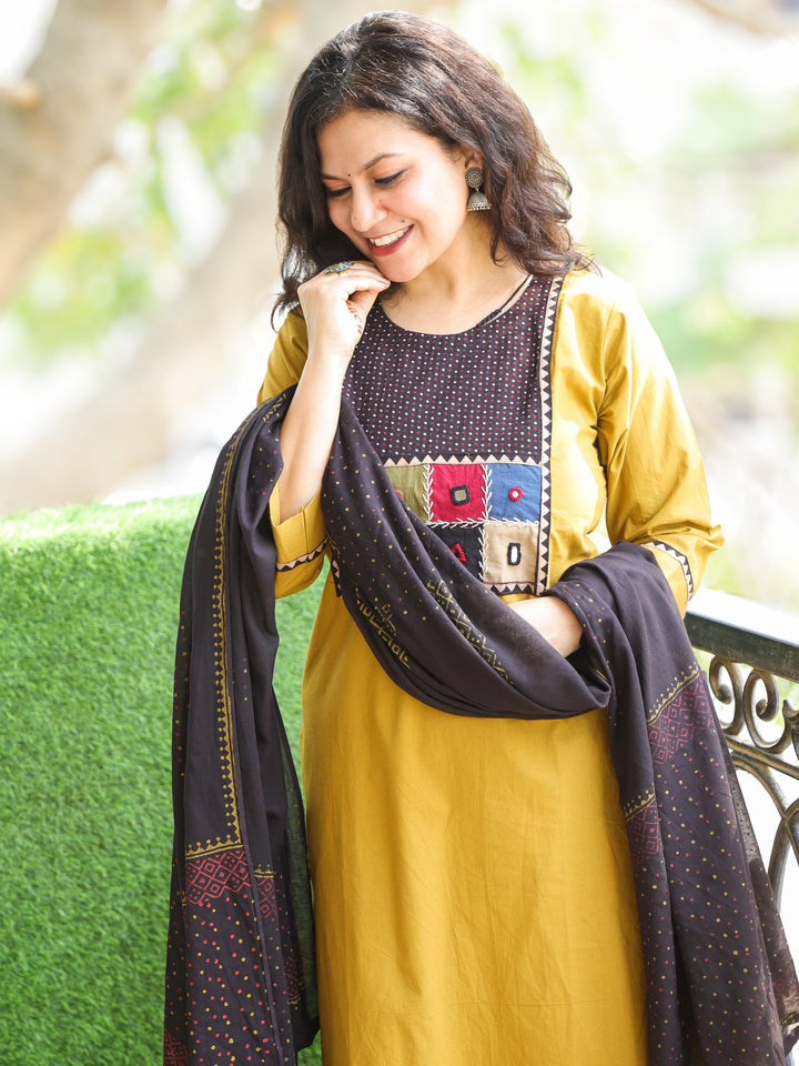 Chanda Dijon Yellow Kutch Fusion Neck Patch Work Cotton 3 Piece Set