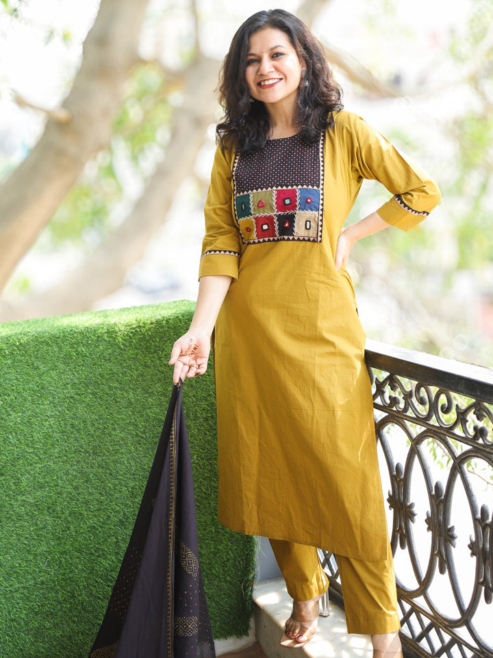 Chanda Dijon Yellow Kutch Fusion Neck Patch Work Cotton 3 Piece Set