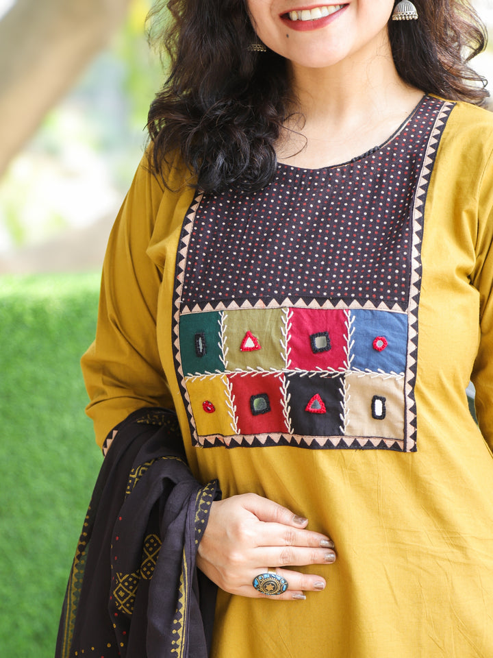 Chanda Dijon Yellow Kutch Fusion Neck Patch Work Cotton 3 Piece Set