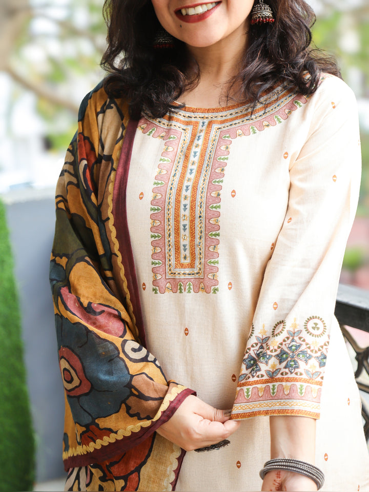 Chanda Rabri Beige Printed Necline with Kantha Detailing Cotton 3 Piece Set