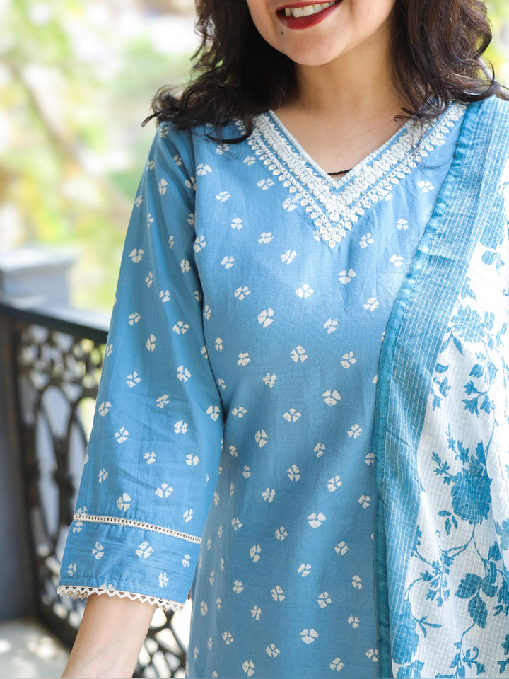 Chanda Cerulean Blue Embroidered V Neckline Floral Print Cotton 3 Piece Set