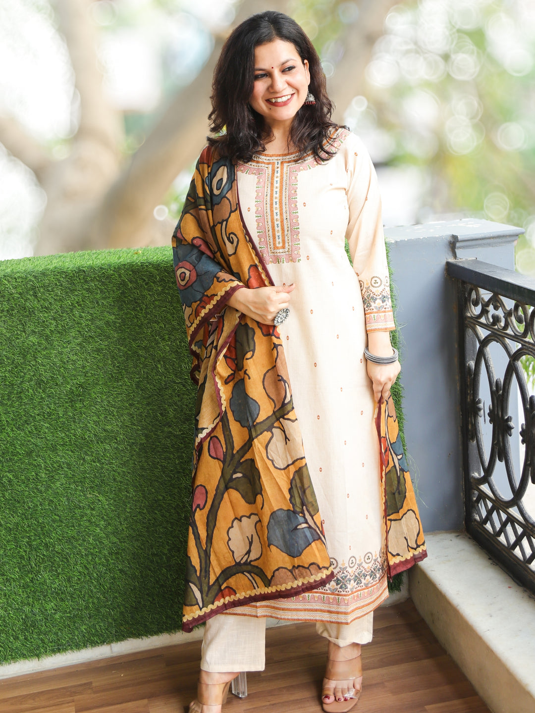 Chanda Rabri Beige Printed Necline with Kantha Detailing Cotton 3 Piece Set