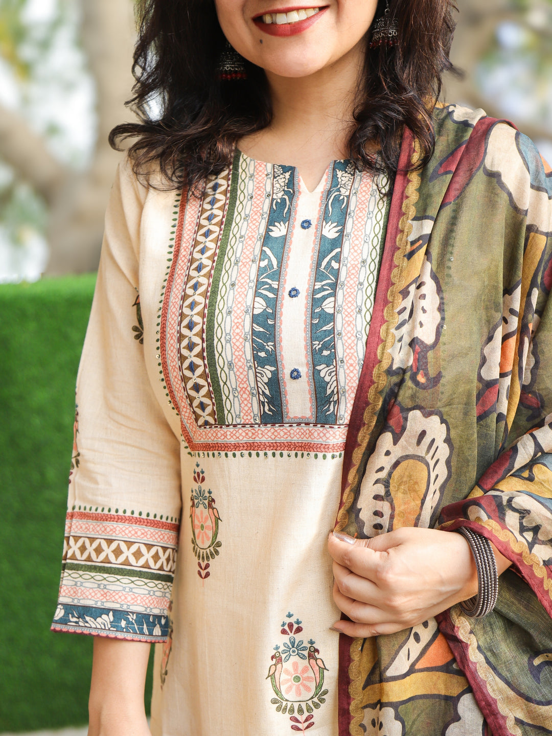 Chanda Tuscan Beige Printed Necline with Kantha Detailing Cotton 3 Piece Set
