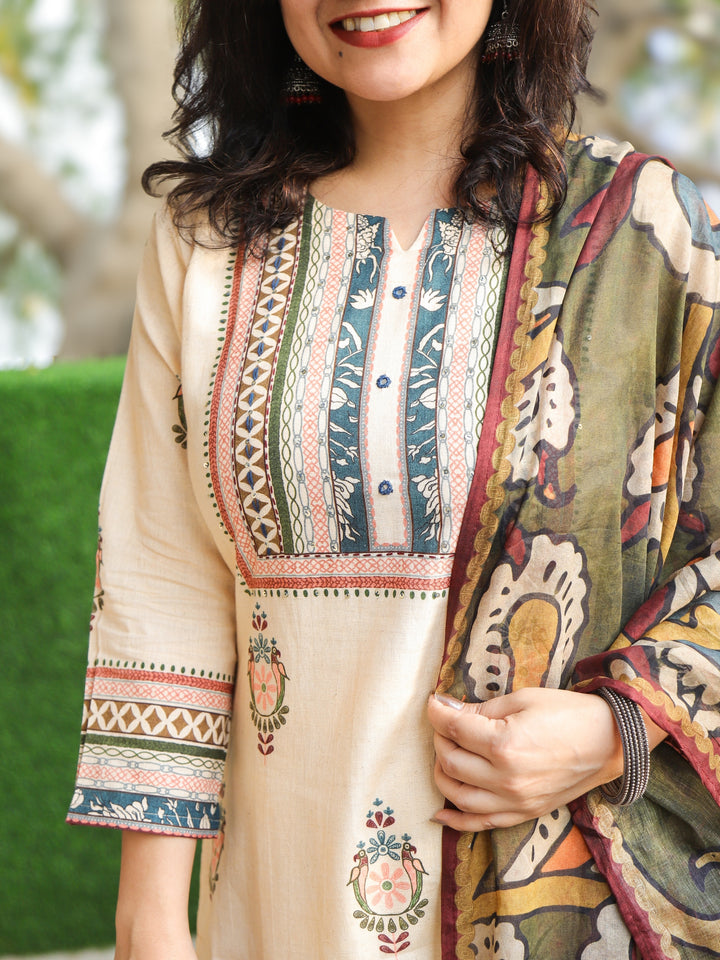 Chanda Tuscan Beige Printed Necline with Kantha Detailing Cotton 3 Piece Set