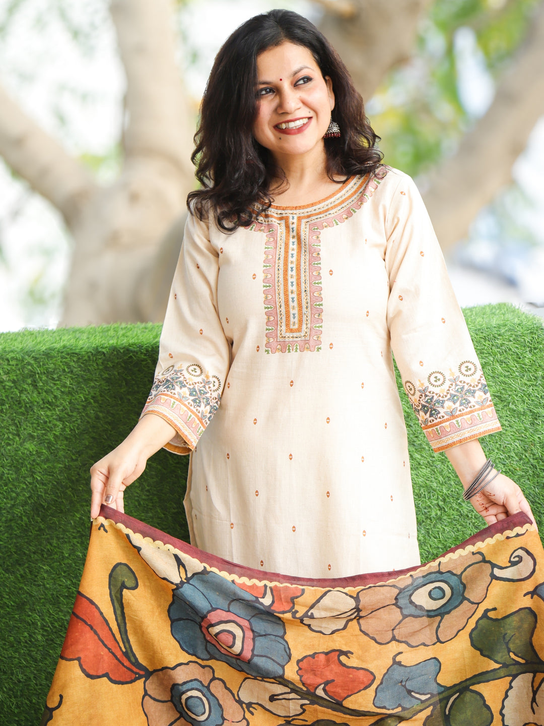 Chanda Rabri Beige Printed Necline with Kantha Detailing Cotton 3 Piece Set