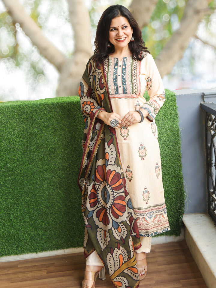 Chanda Tuscan Beige Printed Necline with Kantha Detailing Cotton 3 Piece Set