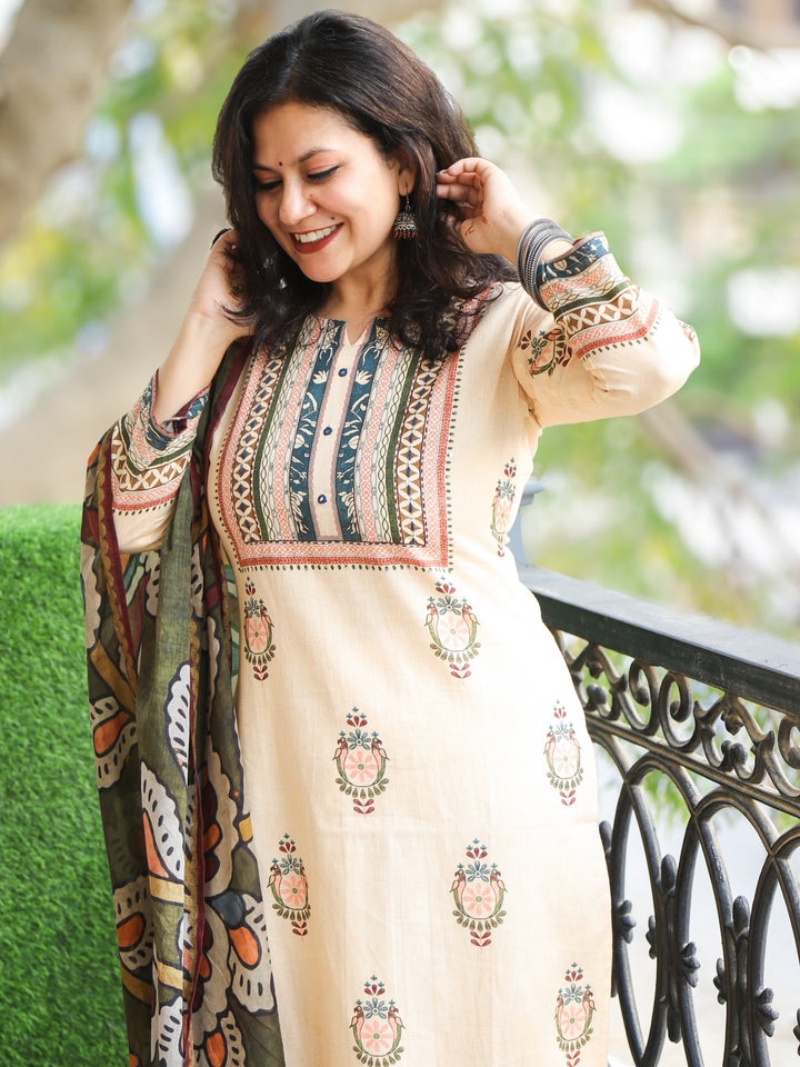 Chanda Tuscan Beige Printed Necline with Kantha Detailing Cotton 3 Piece Set