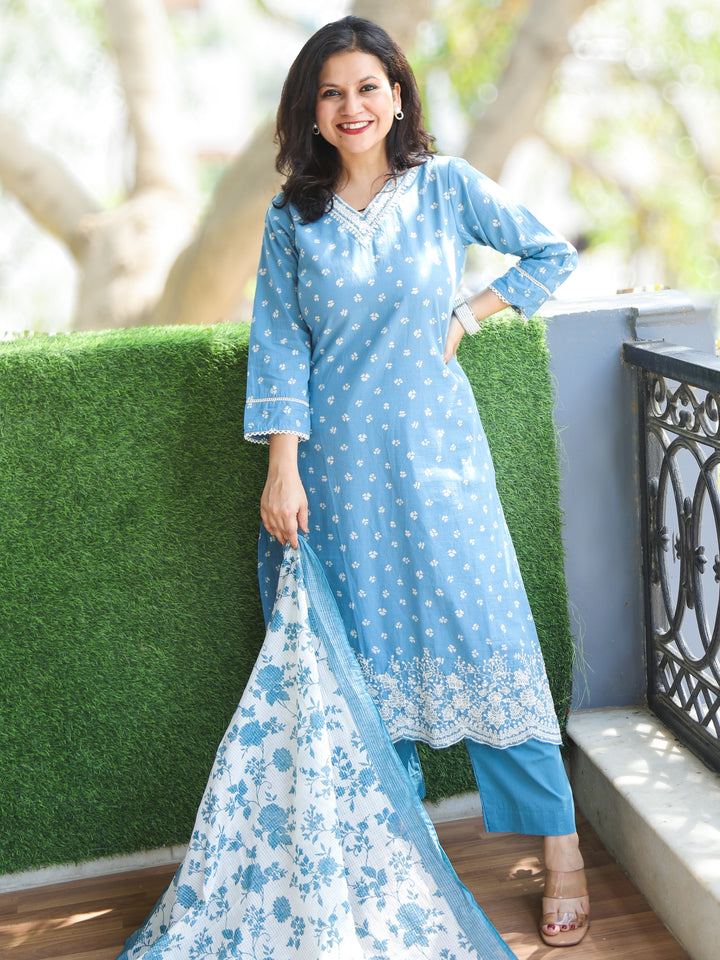 Chanda Cerulean Blue Embroidered V Neckline Floral Print Cotton 3 Piece Set