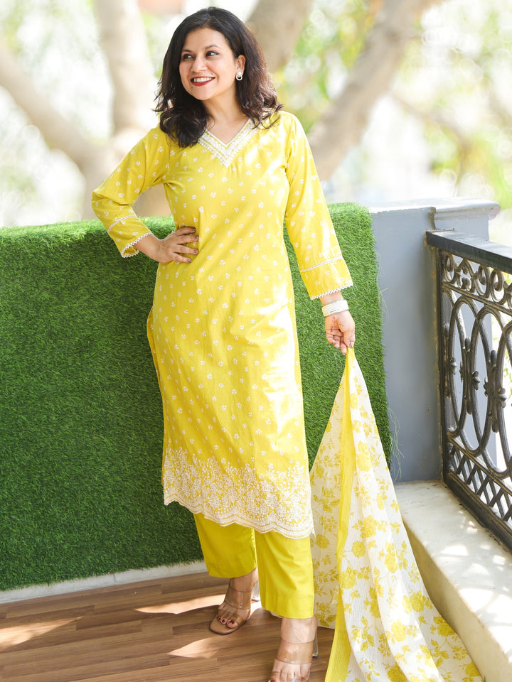 Chanda Butter Yellow Embroidered V Neckline Floral Print Cotton 3 Piece Set