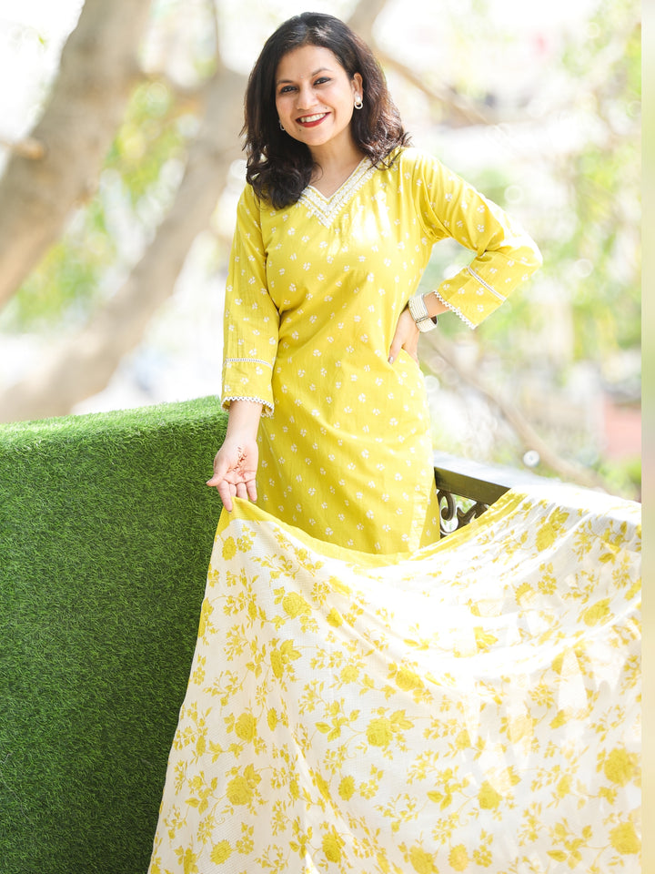Chanda Butter Yellow Embroidered V Neckline Floral Print Cotton 3 Piece Set