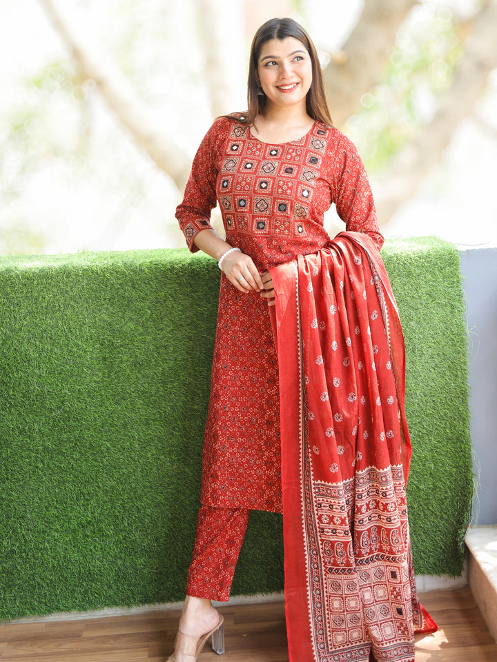 Chanda Cherry Red Kutch Neck with Mirrro Work Ajrak Printed Cotton 3 Piece Set