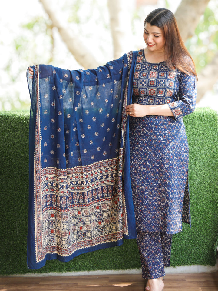 Chanda Navy Blue Kutch Neck with Mirrro Work Ajrak Printed Cotton 3 Piece Set