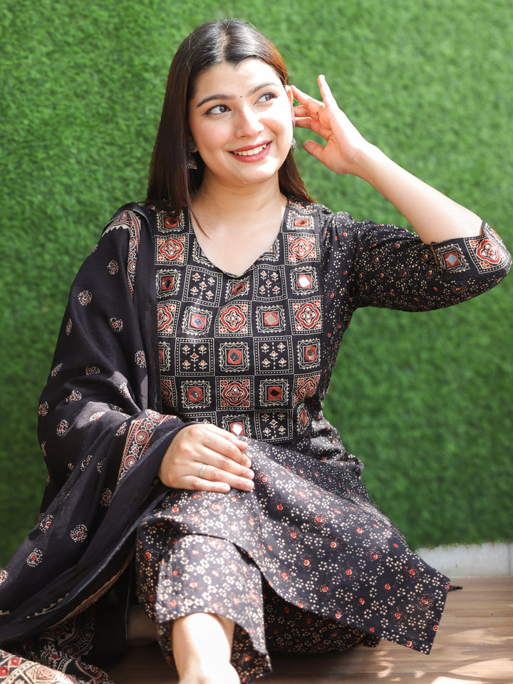 Chanda Ebony Black Kutch Neck with Mirrro Work Ajrak Printed Cotton 3 Piece Set