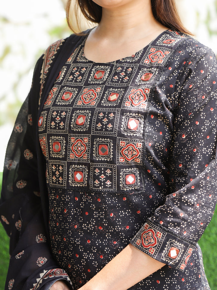 Chanda Ebony Black Kutch Neck with Mirrro Work Ajrak Printed Cotton 3 Piece Set