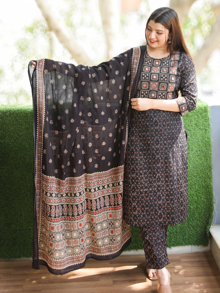 Chanda Ebony Black Kutch Neck with Mirrro Work Ajrak Printed Cotton 3 Piece Set