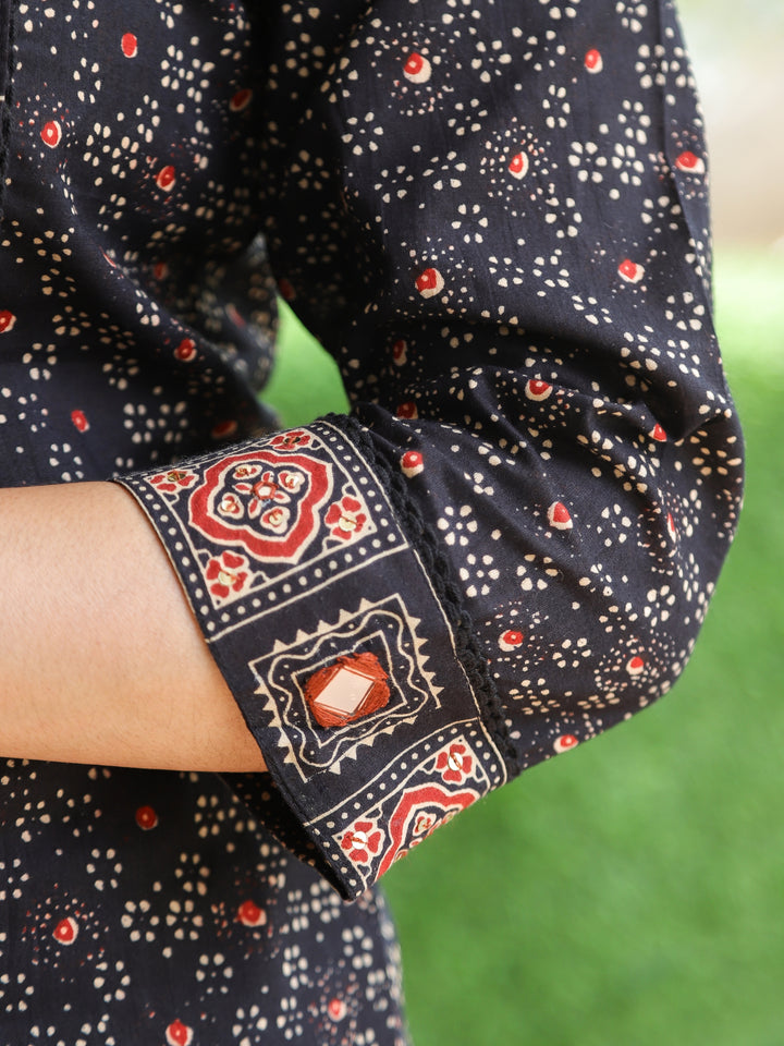 Chanda Ebony Black Kutch Neck with Mirrro Work Ajrak Printed Cotton 3 Piece Set