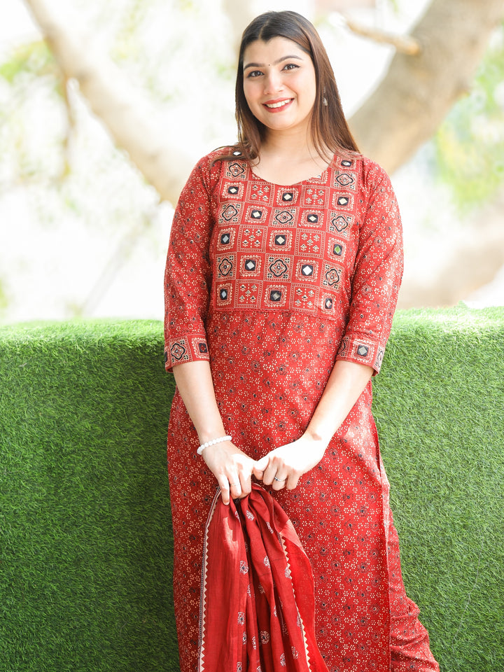 Chanda Cherry Red Kutch Neck with Mirrro Work Ajrak Printed Cotton 3 Piece Set