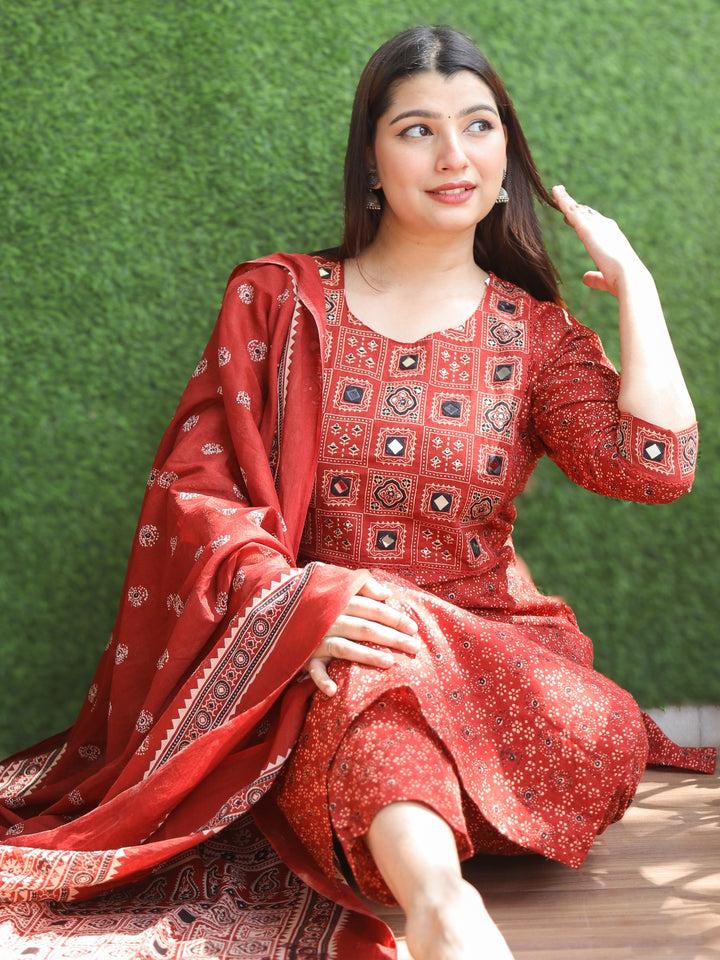 Chanda Cherry Red Kutch Neck with Mirrro Work Ajrak Printed Cotton 3 Piece Set