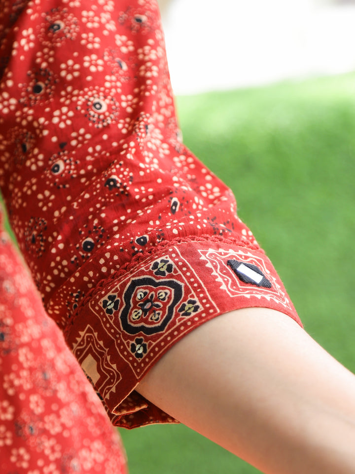 Chanda Cherry Red Kutch Neck with Mirrro Work Ajrak Printed Cotton 3 Piece Set