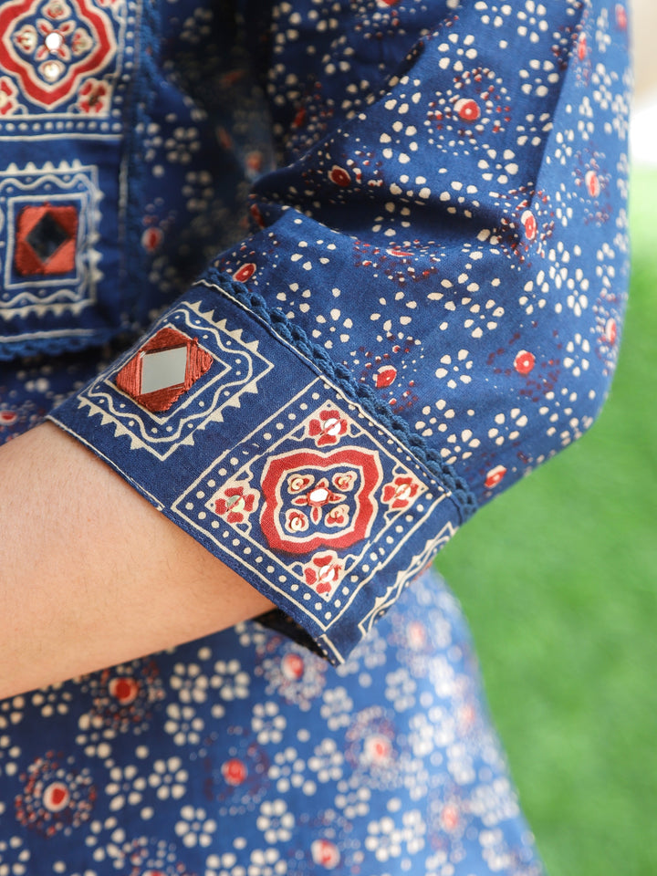 Chanda Navy Blue Kutch Neck with Mirrro Work Ajrak Printed Cotton 3 Piece Set