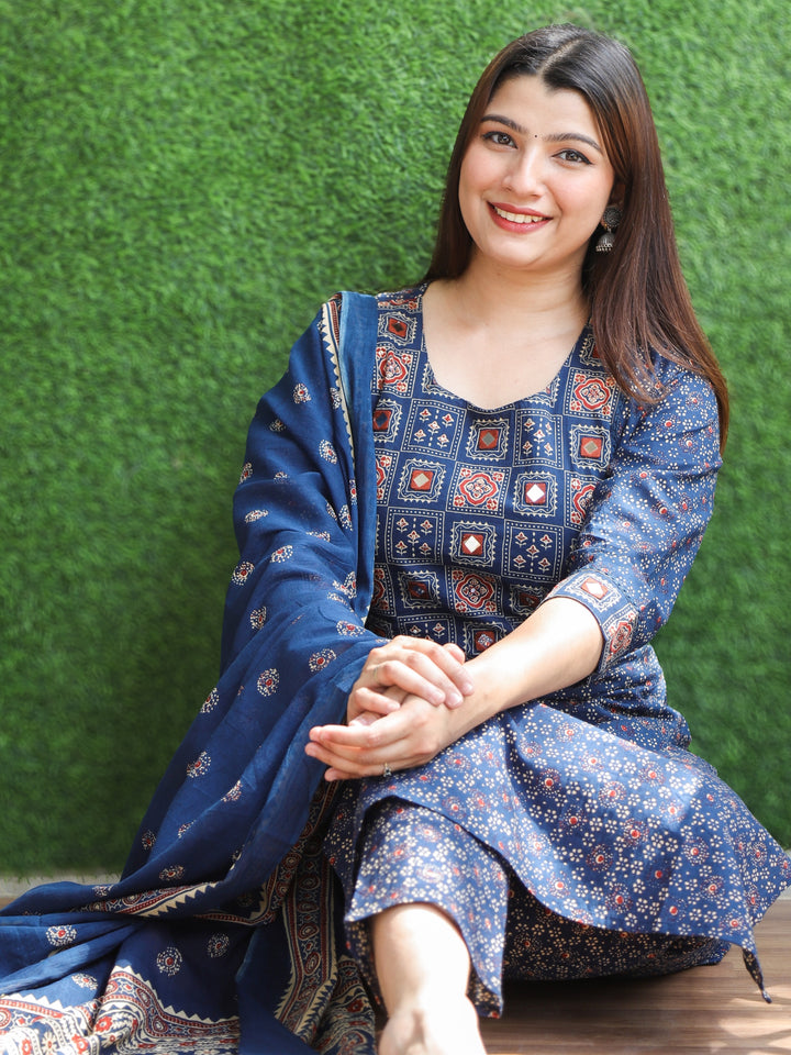 Chanda Navy Blue Kutch Neck with Mirrro Work Ajrak Printed Cotton 3 Piece Set