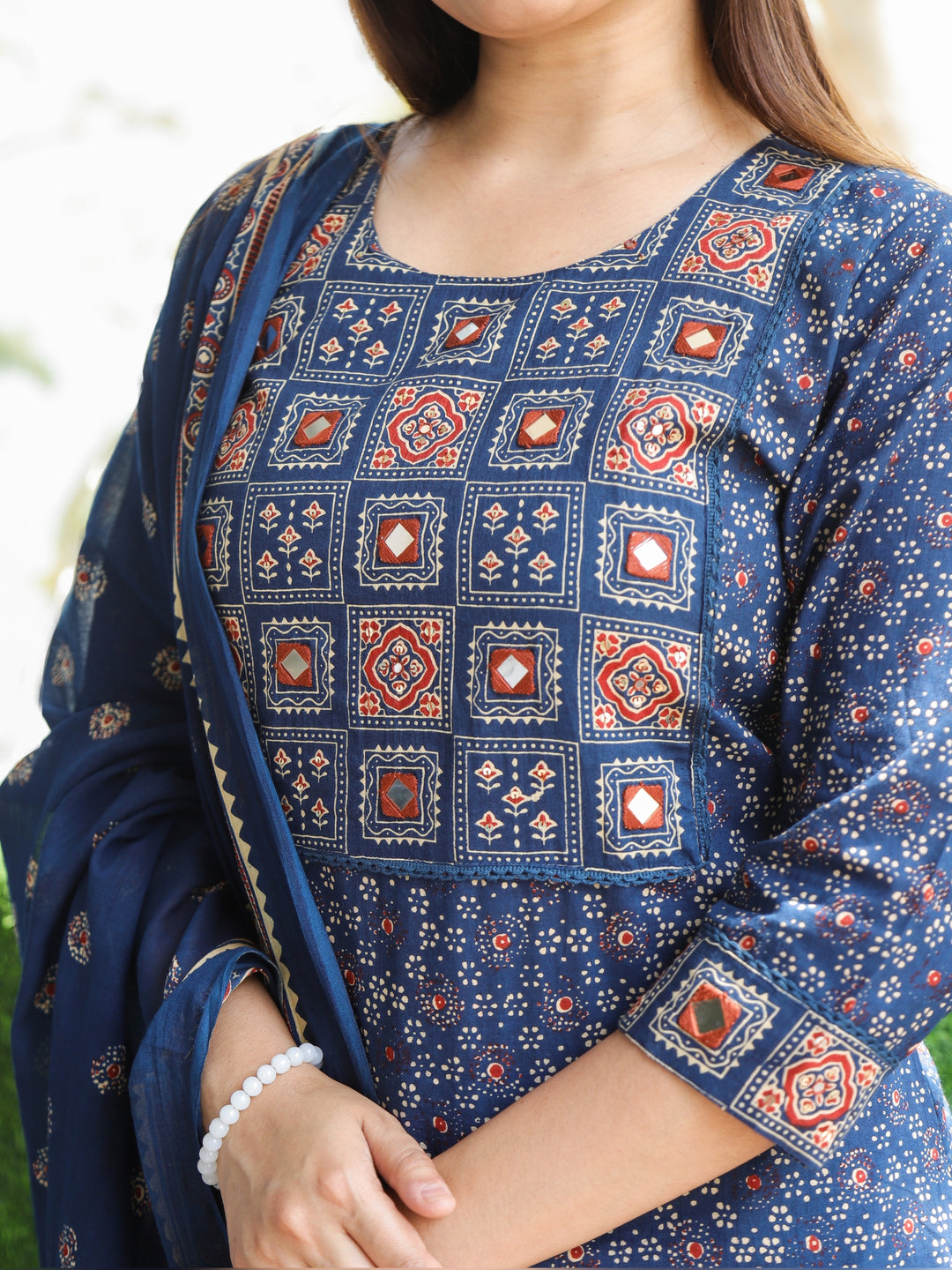 Chanda Navy Blue Kutch Neck with Mirrro Work Ajrak Printed Cotton 3 Piece Set