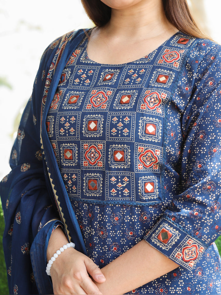 Chanda Navy Blue Kutch Neck with Mirrro Work Ajrak Printed Cotton 3 Piece Set