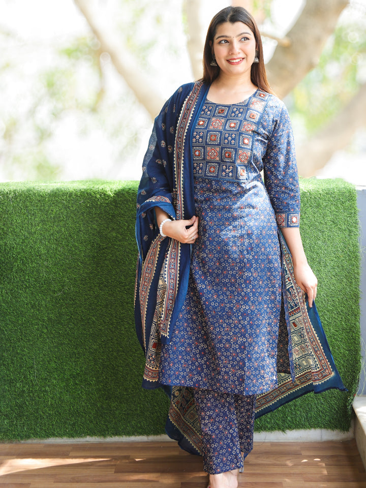 Chanda Navy Blue Kutch Neck with Mirrro Work Ajrak Printed Cotton 3 Piece Set